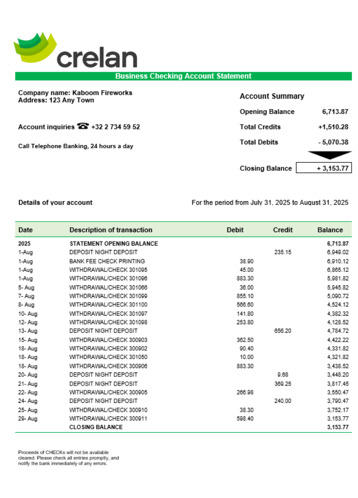 Relevé de compte courant de la société banque Crelan Format Word et PDF